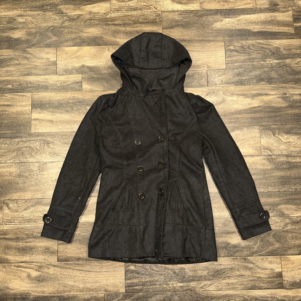 Ambiance Double-Breasted Hooded Pea Coat Women's Size Large Black Front Buttons